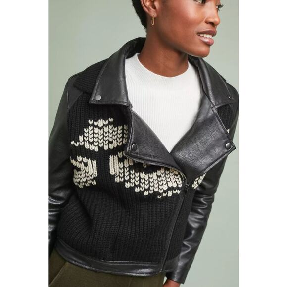 ett:twa by Anthropologie Sweater Trimmed Faux Leather Jacket Black Women's Large - Picture 2 of 15